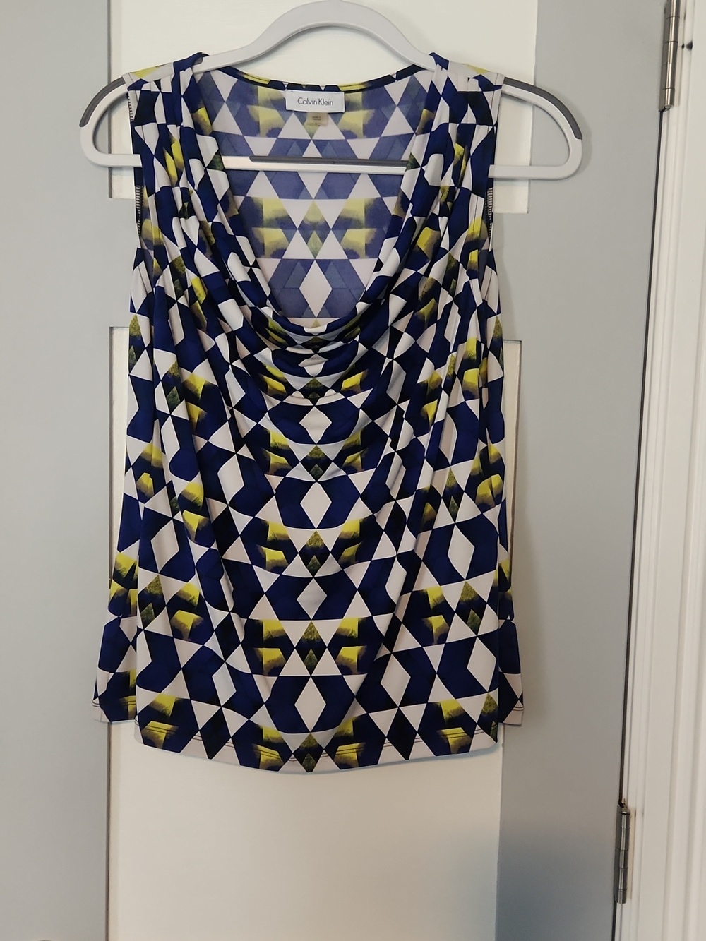 Calvin Klein Blue White Yellow Geometric Drape Neck Blouse (L)